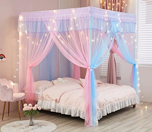 Rainbow Canopy Bed Curtains with Lights - Princess Bed Canopy for Girls - Bed Drapes Netting- Bedroom Decoration Accessories,Queen