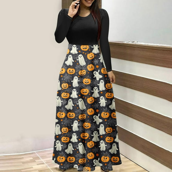 Guieoi Dress for Women under $10.00 Plus Size Women's Fashion Printed Long Sleeve Round Neck Pullover Patchwork Dress Gray Black*Friday/Cyber*Monday