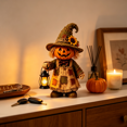 thumbnail image 5 of Decorr Halloween Decorations Indoor - Halloween Resin Pumpkin Head Scarecrow Statue, 15" Witch Hat Jack O Lantern Scarecrow with Sunflower LED Lantern, Rustic Patchwork Fall Halloween Table Decor, 5 of 6