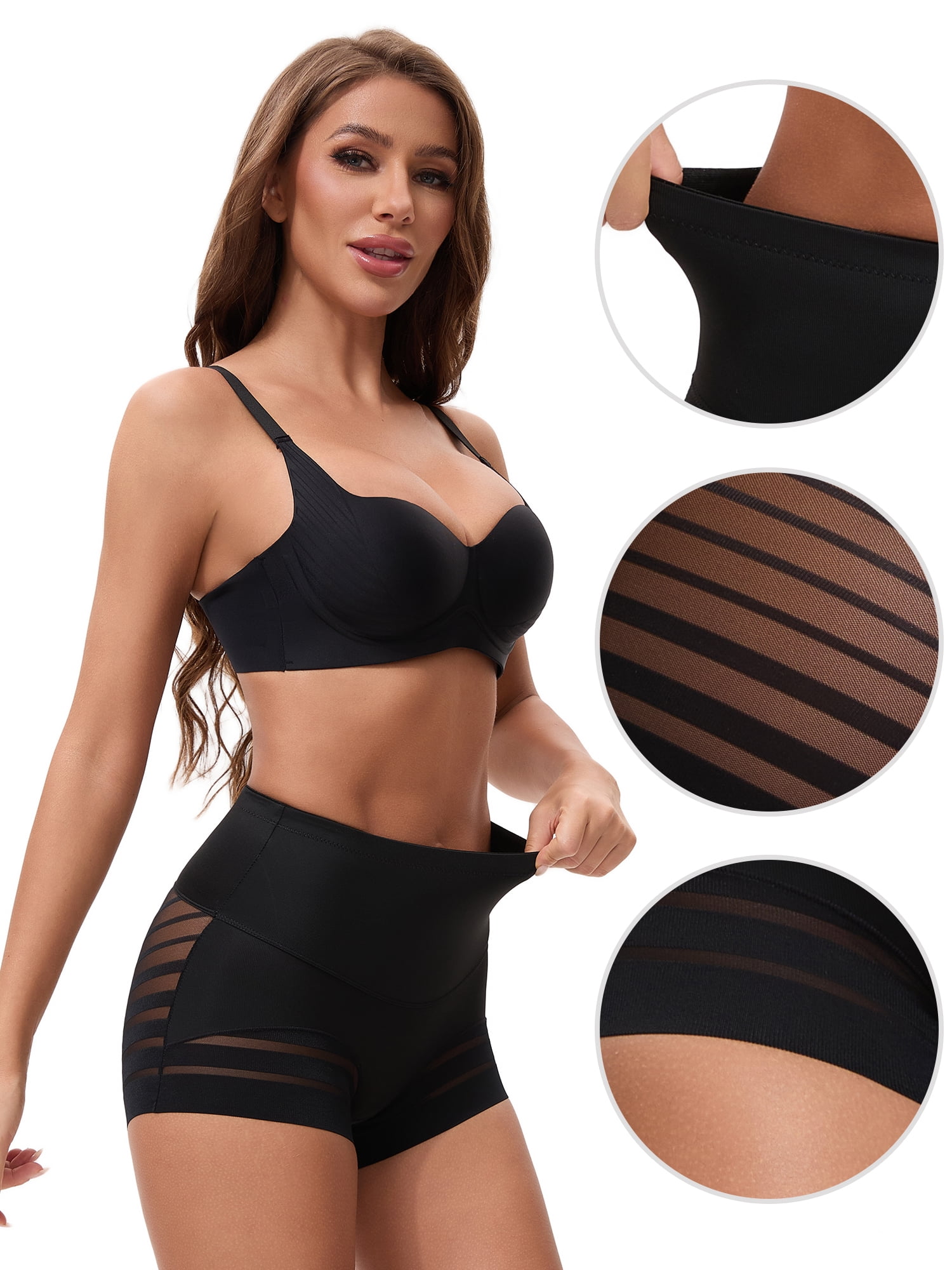 Unique Bargains Tummy Control Shapewear Stripe Mesh Underwear Panties 2XL Black