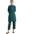 thumbnail image 4 of eloria Women's Fashion Solid Collared Neck Design Kurti WithTrouser, Fabric : Cotton, Color : Teal, Size : X-Small, 4 of 8