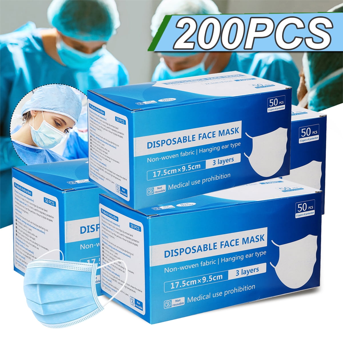 200pcs Disposable Face Masks, 3ply Elastic Ear Loop Filter Mask