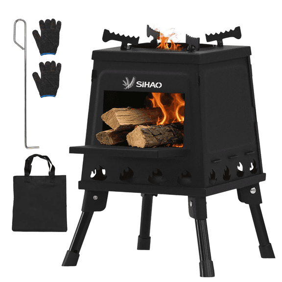 PEIXU Collapsible Camping Wood Burning Stove, Portable Carbon Steel Fire Pit Stove with Accessories for Outdoor Cooking & Heating