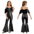 thumbnail image 6 of Raenseen Girls Sparkly Sequins Tassel Pageant Dance Party Jumpsuit Spaghetti Strap High Waist Flared Pants Romper Black 12, 6 of 7