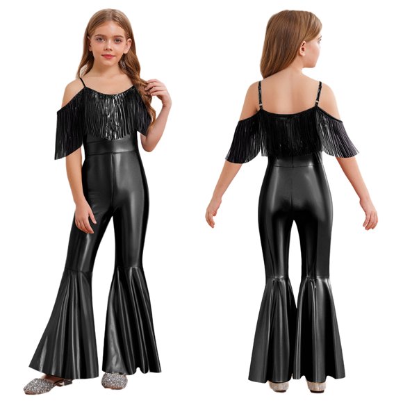 dPois Girls Sequin Tassel Metallic Flared Jumpsuit Sparkly Dance Outfits Rave Festival Concert Disco Party Wear Black 10