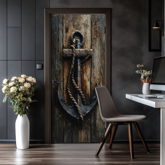 Door Stickers Peel and Stick Door Mural Rustic Wooden Anchor Weathered Planks Nautical Removable Wallpaper 30.3''x78.7'' Self-Adhesive Mural for Kitchen Living Room Bedroom Decor