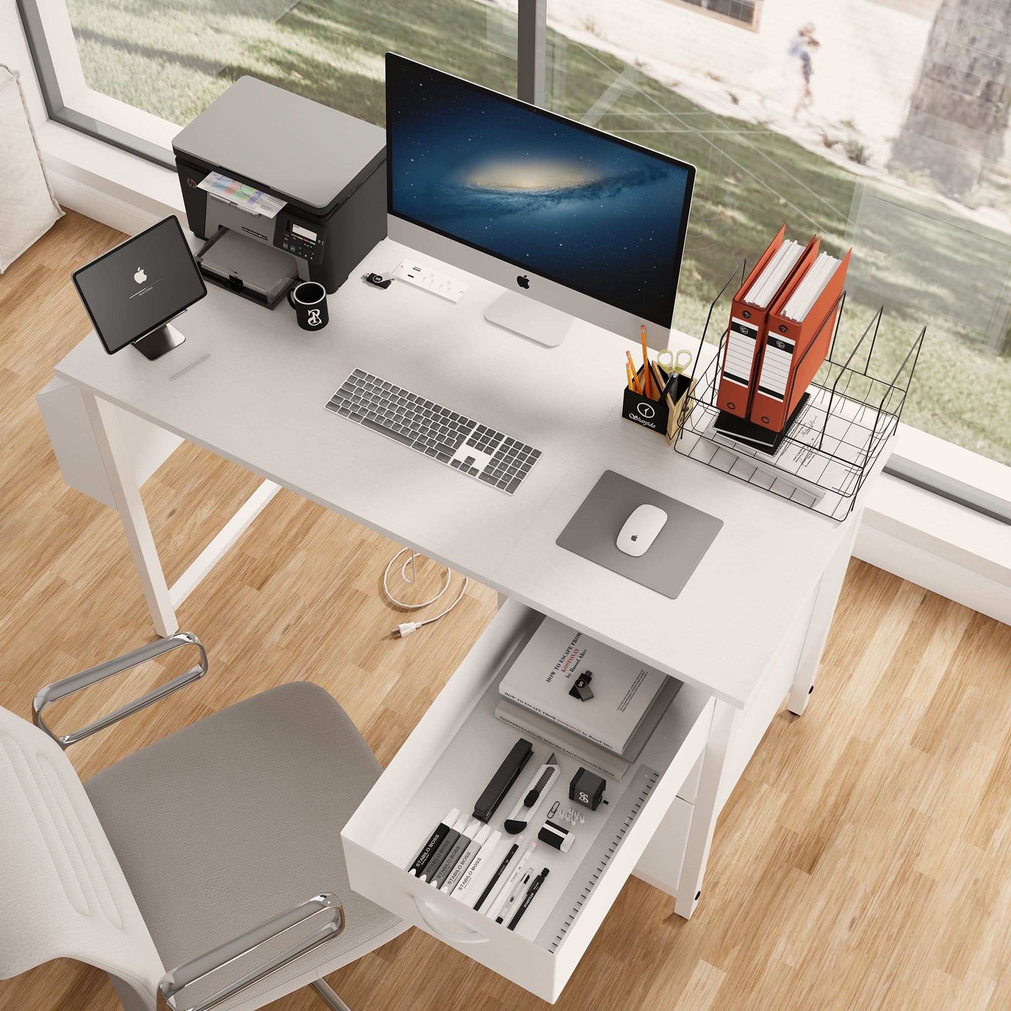 Multi-Functional Hidden Power Outlet Fabric Drawers & Side Pocket Adjustable & Reversible White Modern Executive Desk Home & Office Storage Solution(Chairs not included)
