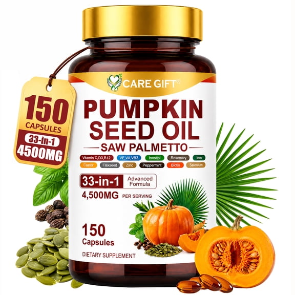 Pumpkin Seed Oil with Saw Palmetto Capsules | 4500mg | 300 Count| 33 in 1 Vitamin C D3 B12 E A, Castor, Zinc, Biotin, Iron, Peppermint | Hair Growth & DHT Blocker for Women Men