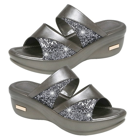 Grey Women's Sequined Slider Shoes with Thick Sole, Comfortable Casual Footwear for Beach and Everyday Wear