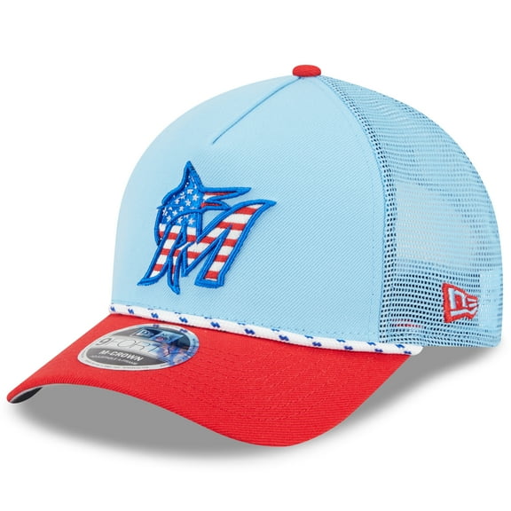 Men's New Era Light Blue/Red Miami Marlins 2025 Fourth of July 9FORTY A-Frame M-Crown Adjustable Trucker Hat