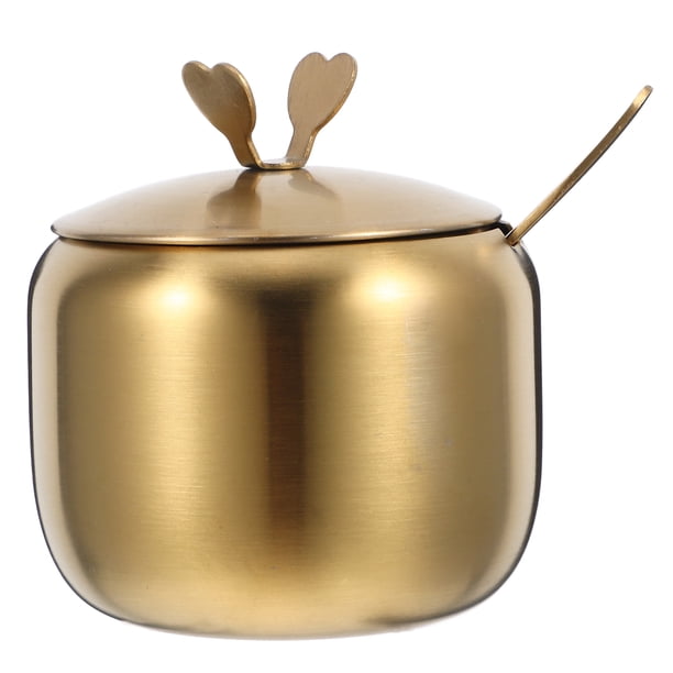 Azucarero de acero inoxidable con tapa y cuchara, tarro para condimentos de café, bote para especias, recipiente para especias para el hogar y la cocina, dorado