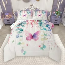 Manfei Pink Chic Butterfly Bedding Comforter Set,Colorful Leaves Twin Comforter Sets,Rustic Plant Bedding Set For Girl,Luxury Bedroom Decor Reversible,2pcs