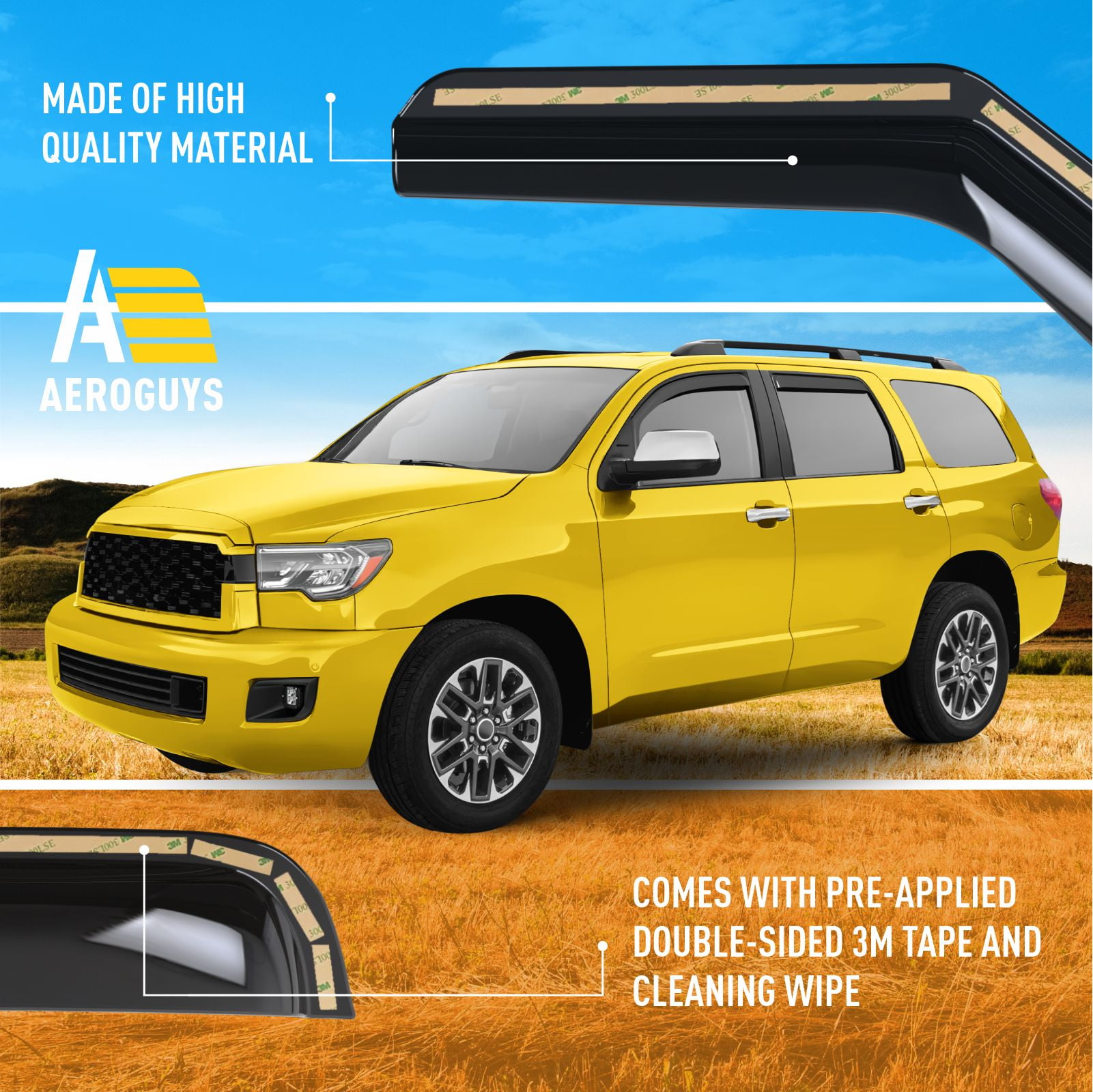 AEROGUYS In-Channel Window Deflectors Extra Durable Window Visors Rain Guards Fit for Toyota Sequoia 2008-2022, Sun Visors, Wind Vent Visors, Car Accessories - 4 pcs. AG0514