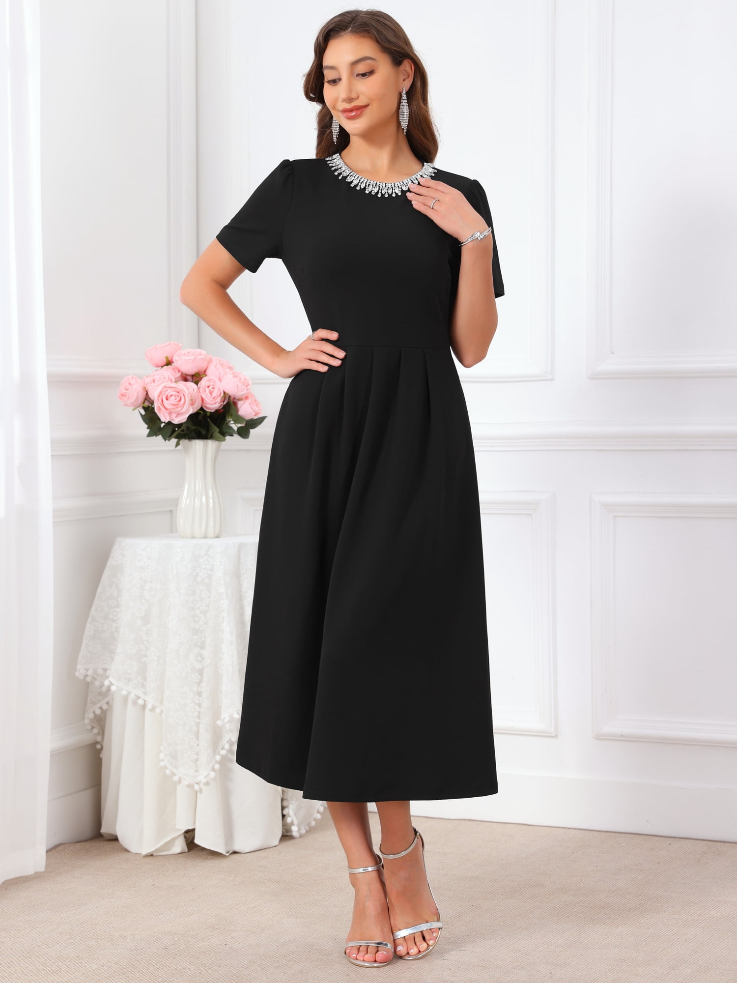 DARING DIVA Women's Formal Beaded Rhinestones Crewneck Cocktail Dress M Black