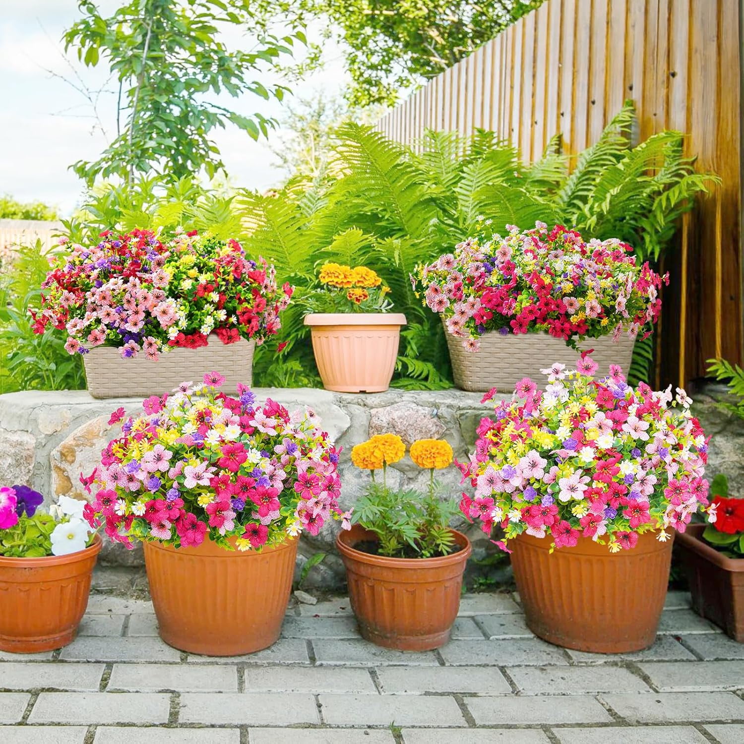 Waipfaru Artificial Flowers UV Resistant Plastic Potted Boxwood for Outdoor Garden Décor