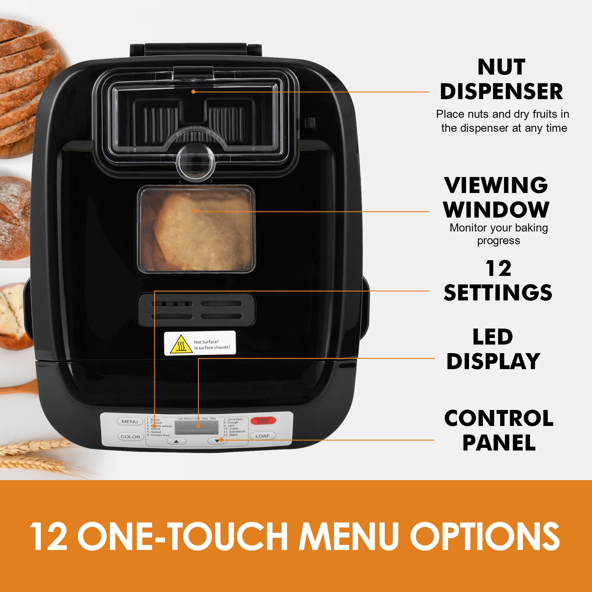 Kitchen in the Box 2lb Bread Maker with Auto Fruit Nut Dispenser, 12-in-1 Gluten-Free Bread Machine, 13H Delay Timer, Nonstick Pan, Keep Warm, Black