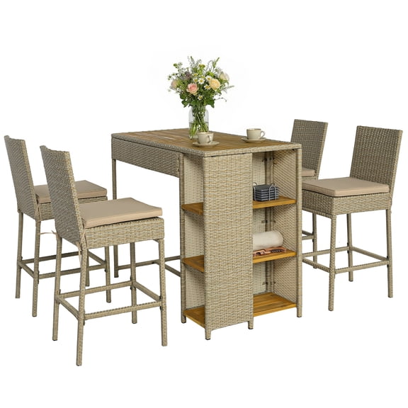 Wicker Outdoor Bar Set 5 Piece, Acacia Wood High Top Table & Chairs, Cushions - Patio Bar Set with Shelves, Brown