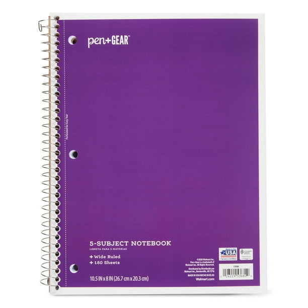 Pen+Gear Wide Ruled 5-Subject Spiral Notebook, Purple, 10.5