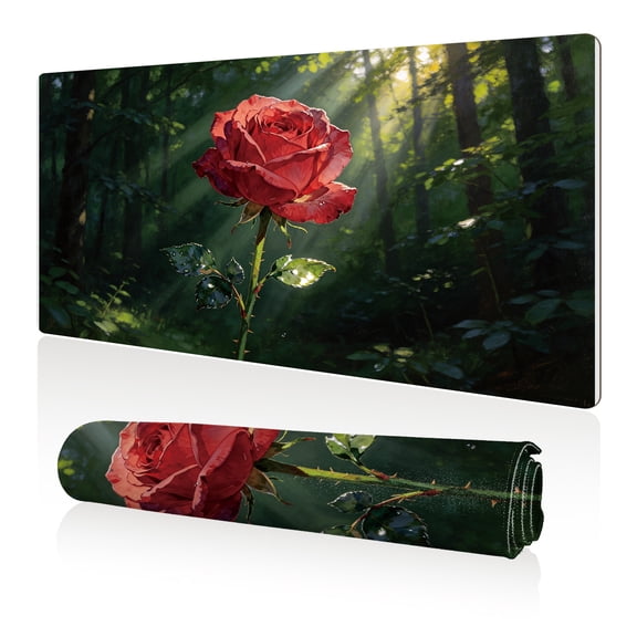 LIVEKEY Mouse Pad 80x40cm Extra Large Non Slip Stitched Durable Easy Clean Red Rose Sunlight Forest Petals Pattern for Gaming Office