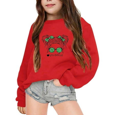 XEGLSBU Hoodies for Girls 10-12 Navy Blue Children s Autumn And Winter Part Letter Printed Round Neck Long Sleeved Sweatshirt Red-D Size 7-8 Years