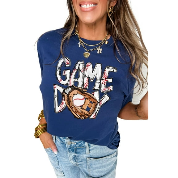 Women's Blue GAME DAY TOUCH DOWN Graphic T-Shirt - Casual Crew Neck Tee | [ZhiHiMeRi] | (US 20-22)2XL
