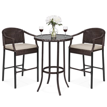 Outdoor Patio Furniture Bar Sets Best Choice Products 3-Piece Outdoor Wicker Table Bar Furniture Set for Patio, Garden, Poolside with Bar Stools, Footrests, Cushions, Steel Frame, Brown ()