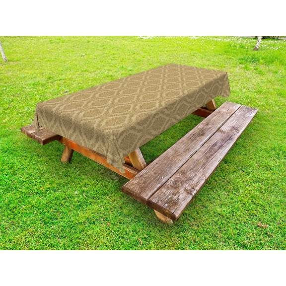 Damask Outdoor Tablecloth, Middle Eastern Culture Inspired Symmetrical Shapes Floral Arrangement Soft Colors Print, Decorative Washable Fabric Picnic Tablecloth, 58 X 104 Inches, Khaki, by Ambesonne