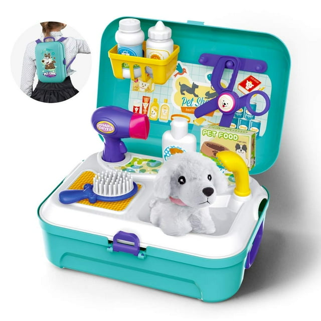 Kit de cuidado canino para niños, juego de cuidado de mascotas, transportador de cachorros, juguete de aseo para mascotas con estuche de regalo resistente para niños y niñas.