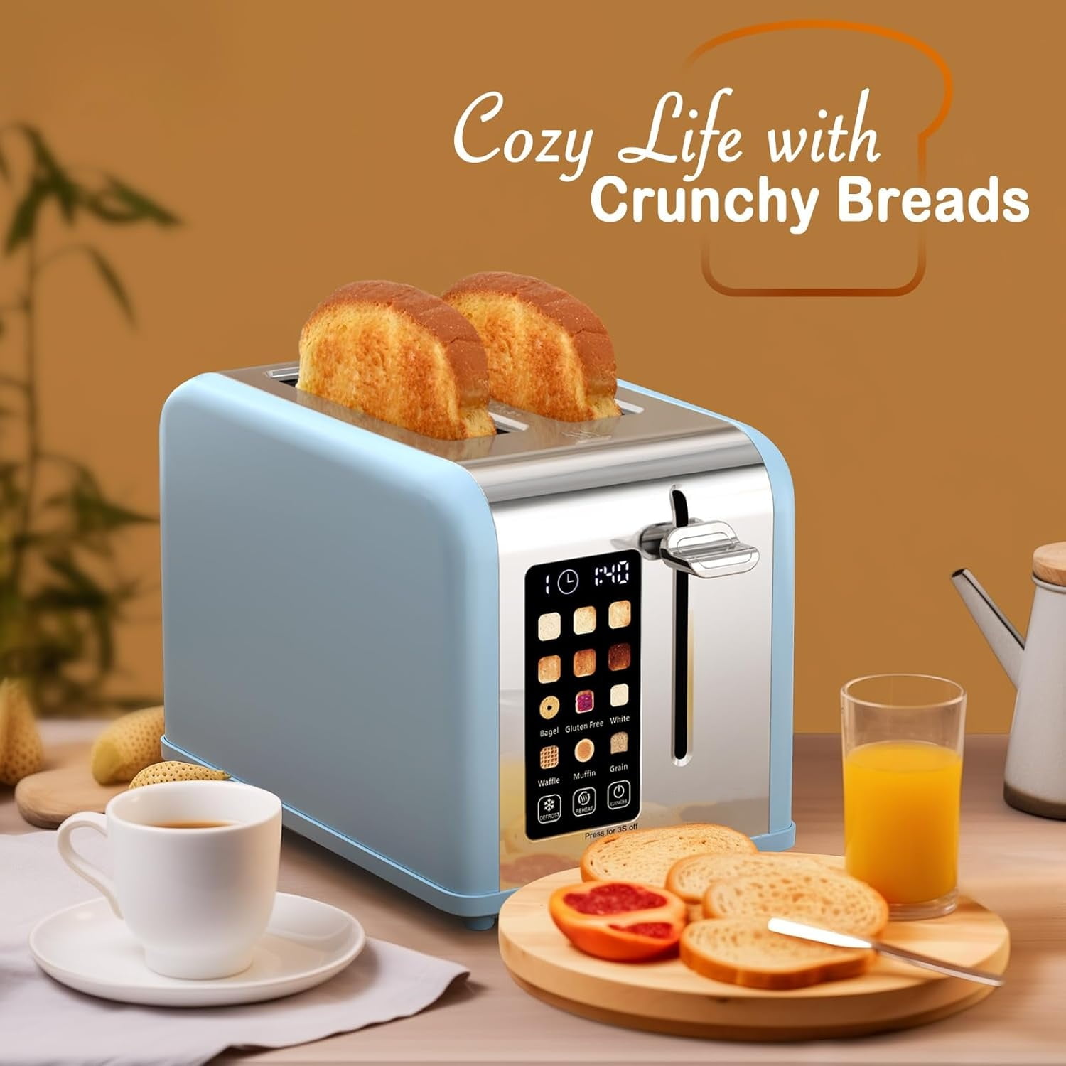 2 Slice Touch Screen Toaster, 1.5" Wide Slot, Stainless Steel Smart Toaster for Bagels, Muffins, Waffles, Gluten-Free Breads, Defrost, Reheat, Timer, 825W, Ice Blue