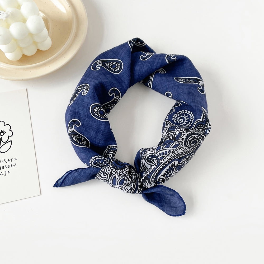 Namzi Elegant Personalized Scarf Small Square Scarf Spring New European and American Headband Versatile Printed Cotton and Hemp Scarf -1 Piece (Dark Blue)