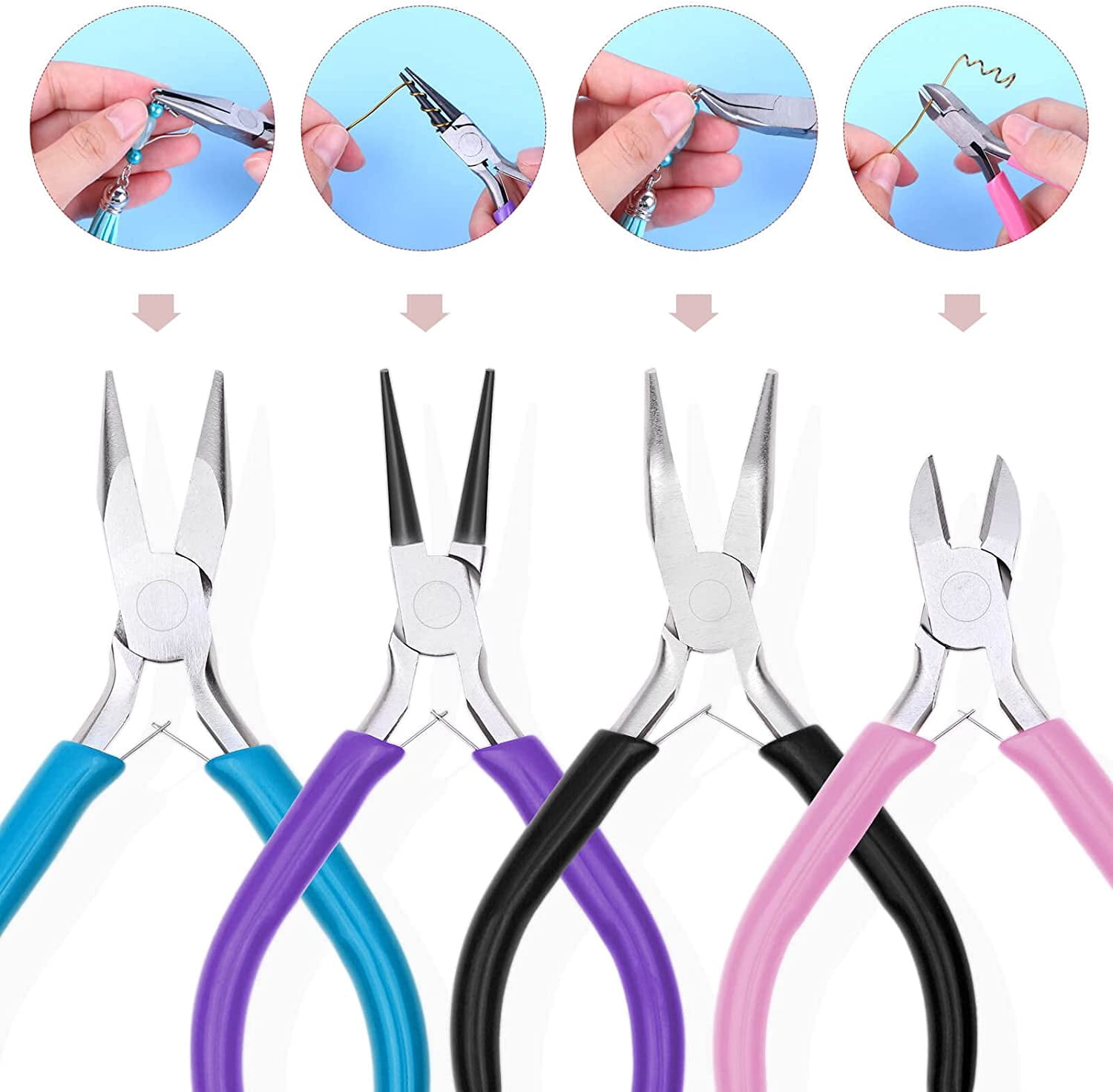 4Pcs Jewelry Tool Set Includes Needle Nose , Round Nose , Wire Cutters and Bent Nose for Jewelry Beading Repair Making Supplies
