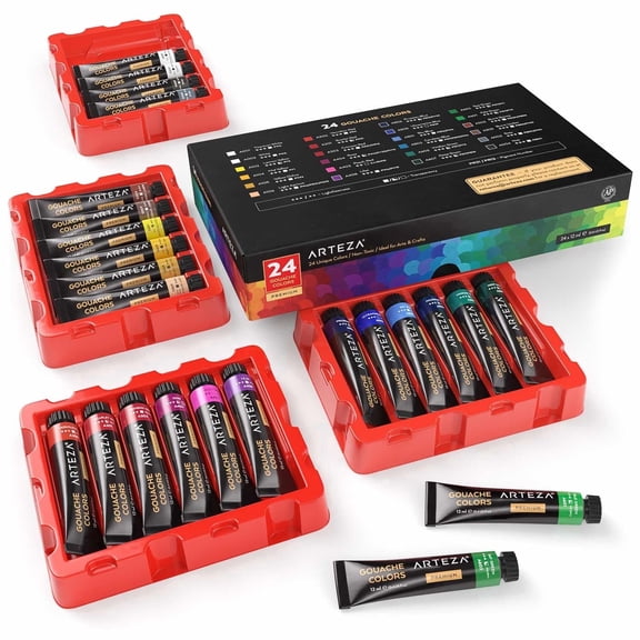 Arteza Acrylic Gouache Paint, Multicolor, Matte, Set of 24, 12 mL