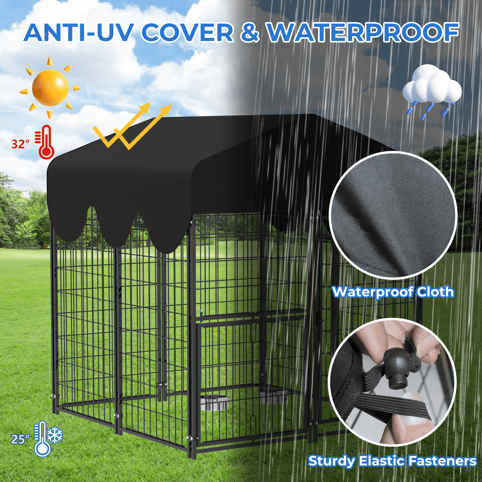 Suchown Dog Kennel Outdoor with Roof – Heavy Duty Dog Run, Large Dog Crate with Waterproof Cover, Rotating Feeder & Secure Lock, Expandable Dog Fence for Small to Large Dogs, 4' x 4.25' x 4.5'