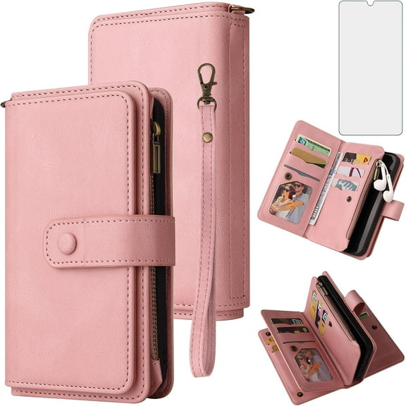 Phone Case for Samsung Galaxy A20 A30 Wallet Cover with Tempered Glass Screen Protector and Wrist Strap Leather Flip Credit Card Holder Slot Stand Cell M10s A 30 20A SM A205G Women Men Pink