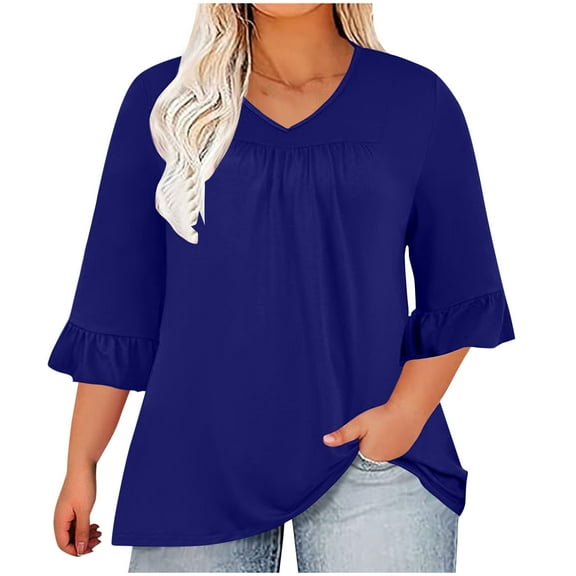 Hvot&aat Plus Size Ladies Ruffle Trim 3/4 Sleeve Tops Pleated V Neck Tshirts Summer Casual Tunic Blouses for Curve Women