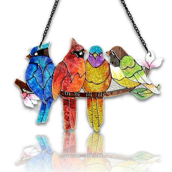 Stained Glass Window Hanging - Birds on A Branch Suncatcher for Window Doors Home Decoration, Valentine's Day Mother's Day Birthday Bird Lover Gifts for Women, Men, and Mom Grandma