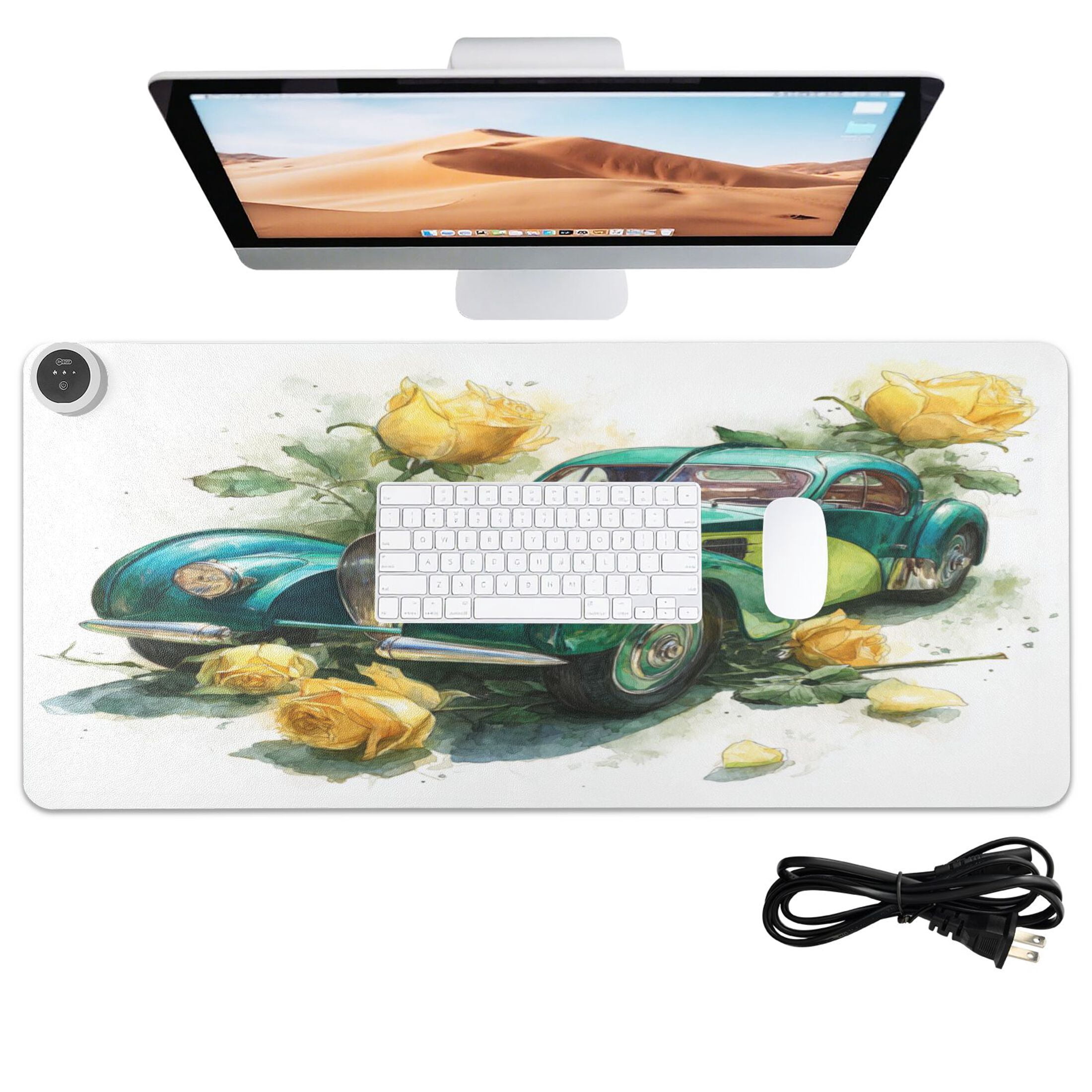 Large Heated Desk Mat Mouse Pad 31.5"x13"PU Leather Graphene Heating Desk Warmer with 3 Temperature Settings 110V US Plug Non-Slip Warm Pad for Home, Office, and Gaming Vintage Bugatti Yellow Roses