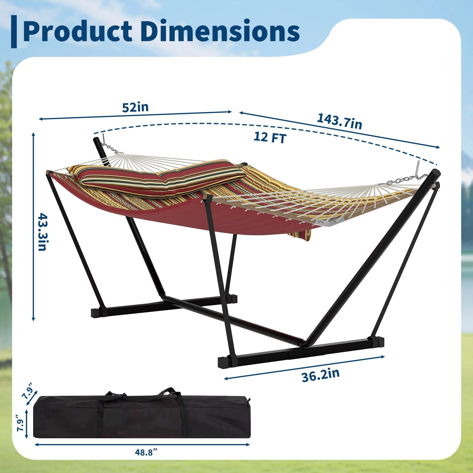 12FT Double Hammock with Heavy-Duty Steel Stand – 2 Person, 450LB Capacity, Weather-Resistant Quilted Polyester Fabric, Hardwood Spreader Bar, Portable Carrying Bag – Beige/Stripe/Dark Gray