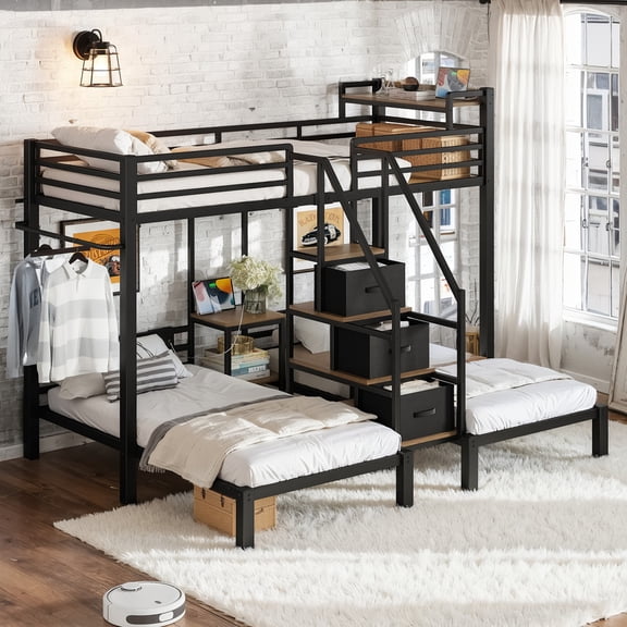 Bellemave Triple Bunk Bed with Storage Stairs and 2 Charging Station, Heavy Duty Metal Triple Bed Frame Twin Over Twin and Twin with Drawers and Shelves Headboard for 3 Kids Teens, Black