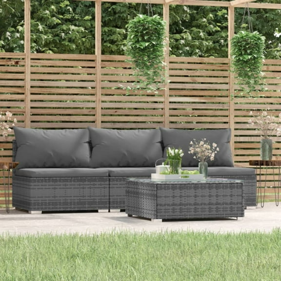 vidaXL Patio Furniture Set 4 Piece with Cushions Gray Poly Rattan