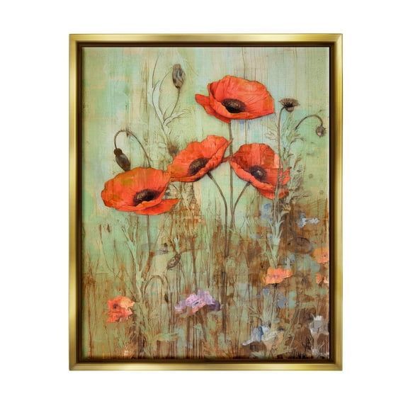 Stupell Industries Rustic Red Poppies Botanical & Floral Painting Gold Floater Framed Canvas Art Print Wall Art, 25 x 31