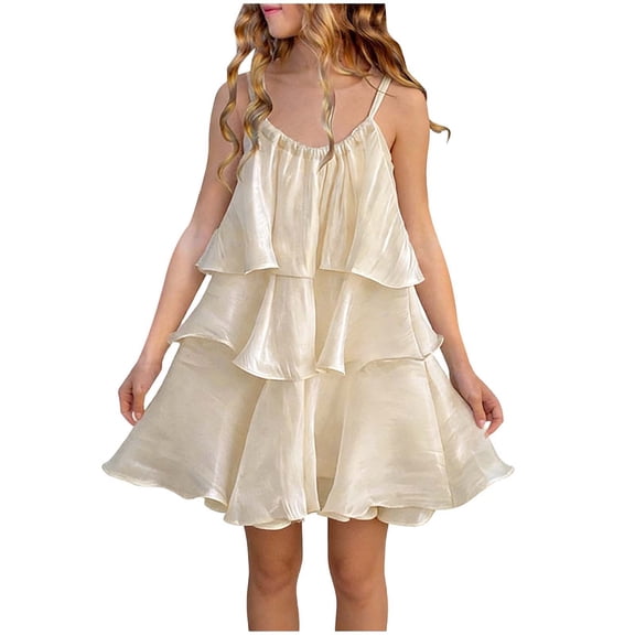 BRGZLK Girl's Ruffle Tiered Dresses Spring Summer 2026 Solid Color Sleeveless Halter Vacation Skirt Cute Trendy Princess Dress Round Neck Cocktail Knee-Length Dress Beige 1-2 Years