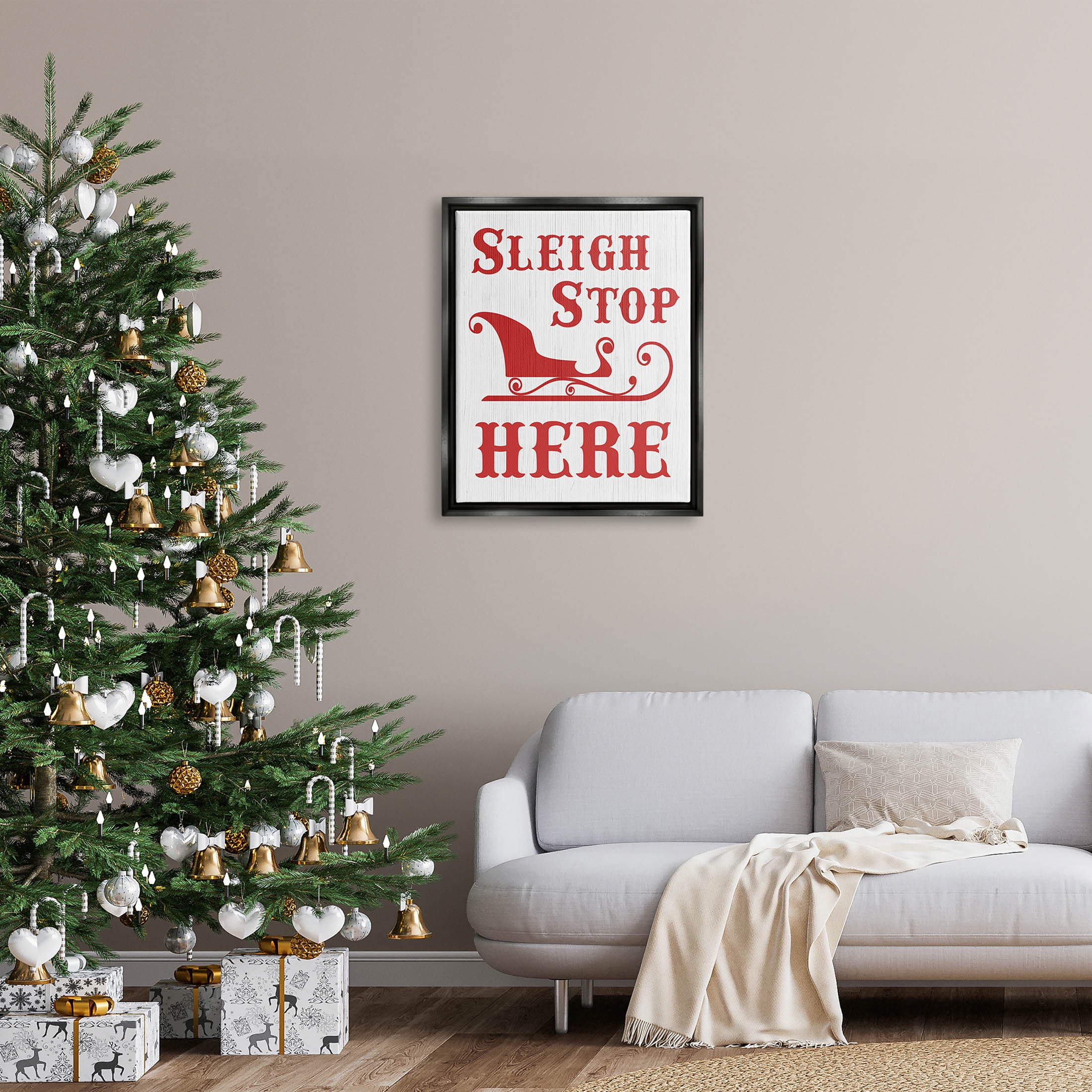 Sleigh Stop Here Christmas Landing Sign Holiday Graphic Art Jet Black Framed Art Print Wall Art