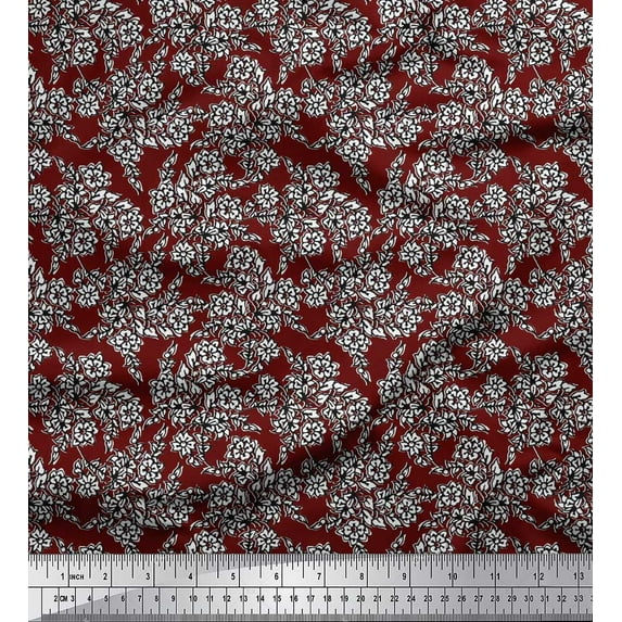 Soimoi Cotton Cambric Fabric Leaves & Floral Block Printed Fabric 1 Yard 42 Inch Wide