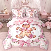 Homewish Pink Bow Tie Ribbon 7 Pieces Bedding Comforter Set,Romantic Rose Flower Full Bedding Set,Christmas Gingerbread Man Fitted Sheet Flat Sheet For Girls Teens,Breathable Home Decor Reversible