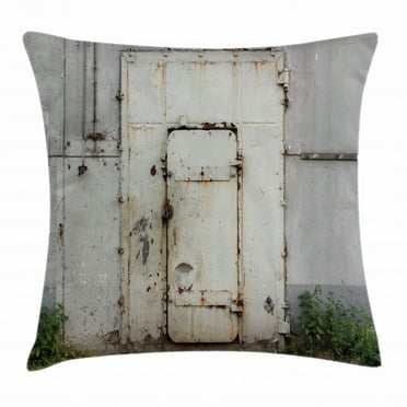Industrial Decor Throw Pillow Cushion Cover, Closed Worn Out Rusty Iron Door Abandoned Building Factory Picture, Decorative Square Accent Pillow Case, 16 X 16 Inches, Beige Brown Green, by Ambesonne