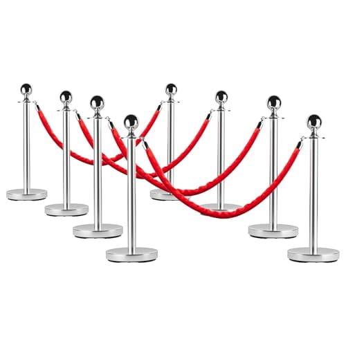 4 Pcs Commercial Stainless Steel Stanchion Posts with 2x5ft Red Velvet Ropes, Quick Setup, Crowd Control Posts and Ropes, Event Barrier with Hollow Base for Queue/Party/Red Carpet$$Safety & Emergency