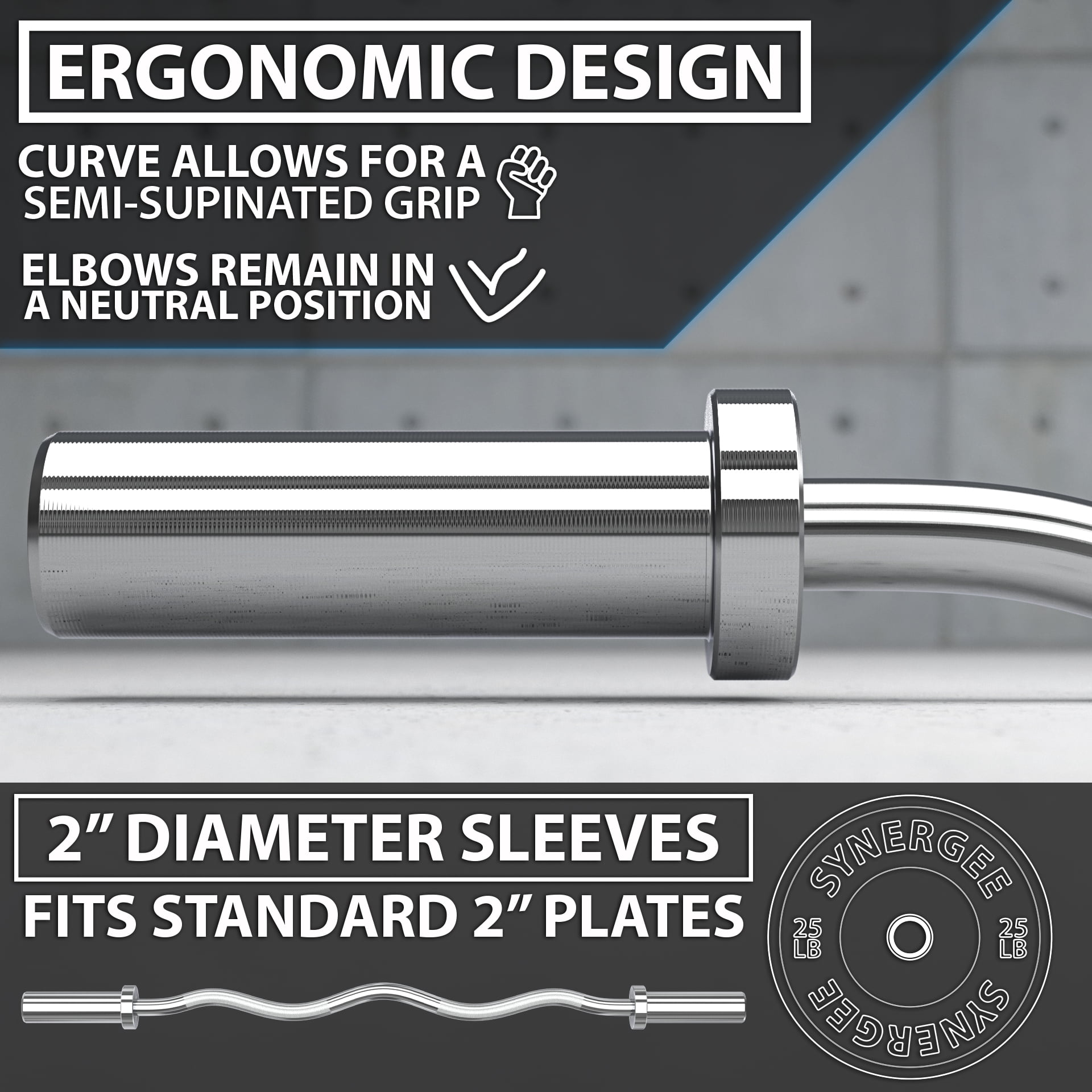 Synergee Commercial Chrome & Black Phosphate Olympic EZ Curl Bar with Powder Coated Brass Bushings