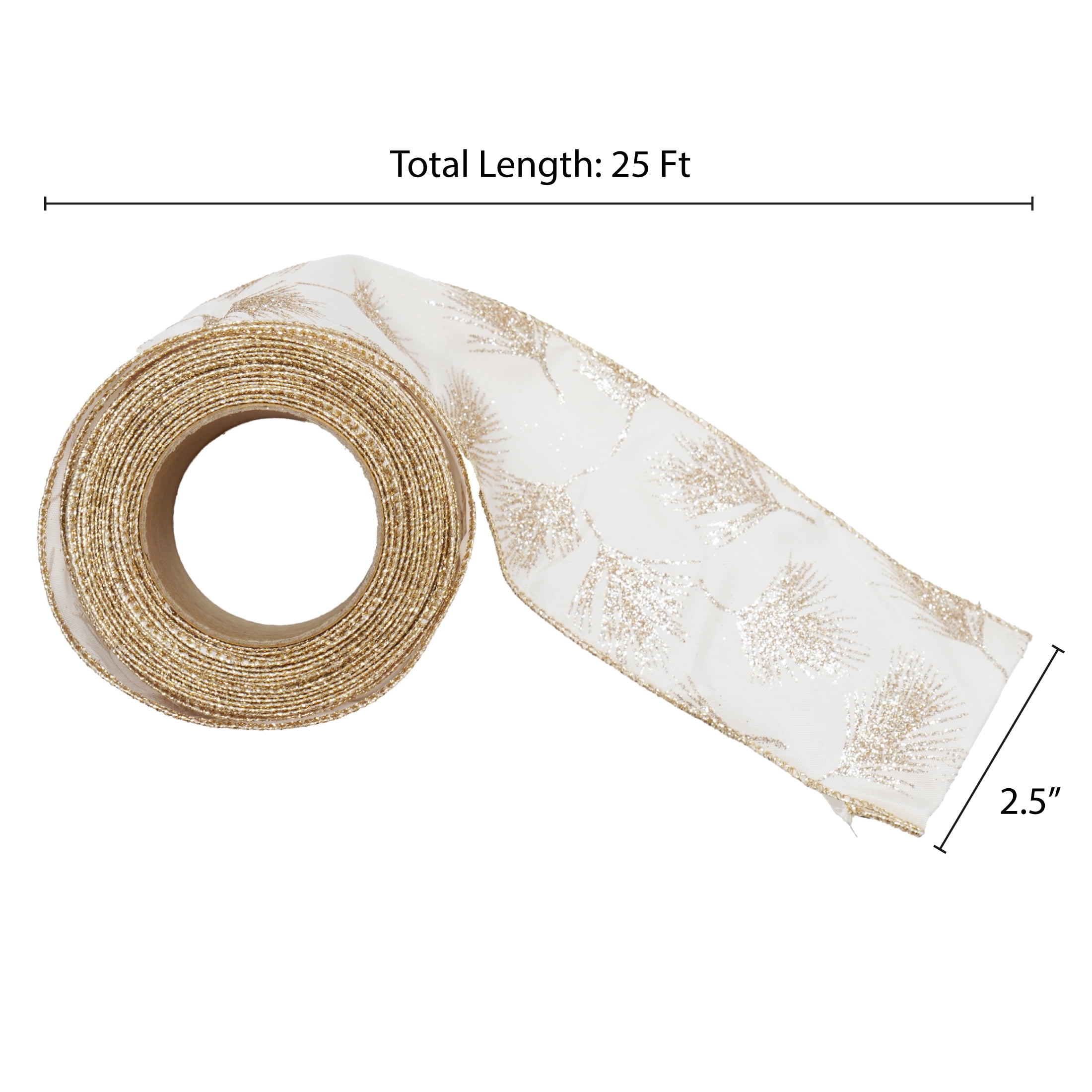 Cream and Gold Glitter Pine Sprig Christmas Ribbon, 2.5" x 25', by Holiday Time