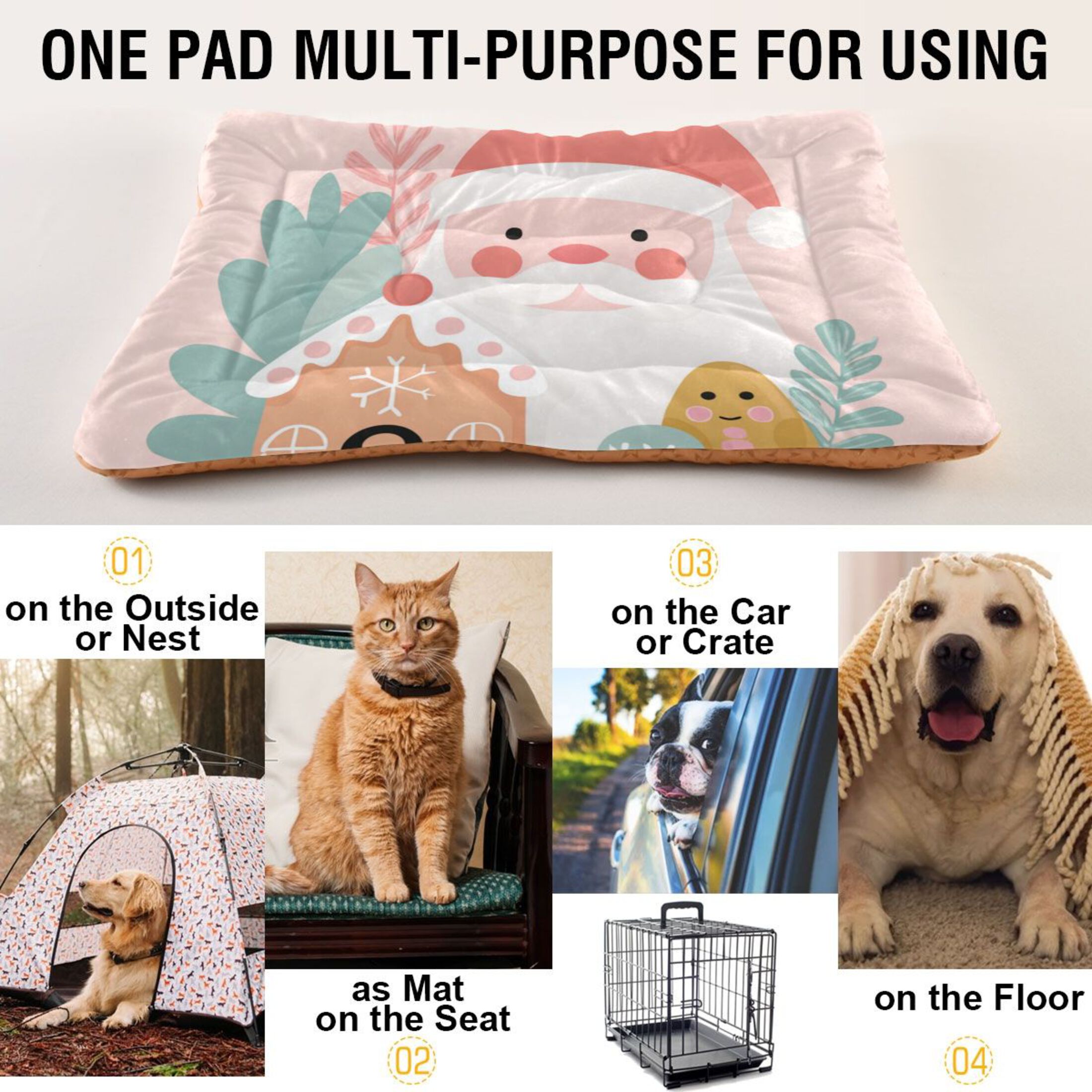 Cozy Mat Pet Bed Indoor Outdoor Warm Soft For Cat Dog Puppy(S/M) Santa Claus Face